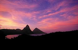 Caribbean - St Lucia scuba diving holiday. Anse Chastenet Pitons sunset view.